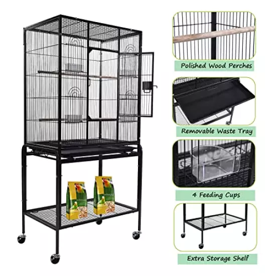 Large Bird Cage 53-inch Wrought Iron Large Bird Flight Cage with Rolling Stand & Bottom Tray for Lovebirds Finches African Grey Parrot Cockatiel Parrotlet Conures, Black Grey