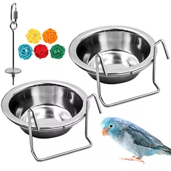 2 Pack Bird Feeder Birds Bowls Stainless Steel Dishes Coop Cups with Wire Hook, Parrot Feeding Dish Cups Food Water Bowls with Bird Food Holder and Rattan Ball for Finches Lovebirds