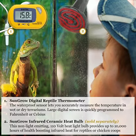 SunGrow Reptile Digital Thermometer, Waterproof Sensor Probe Monitors Temperature Accurately, Includes Replaceable Batteries, Easy To Read Display Black