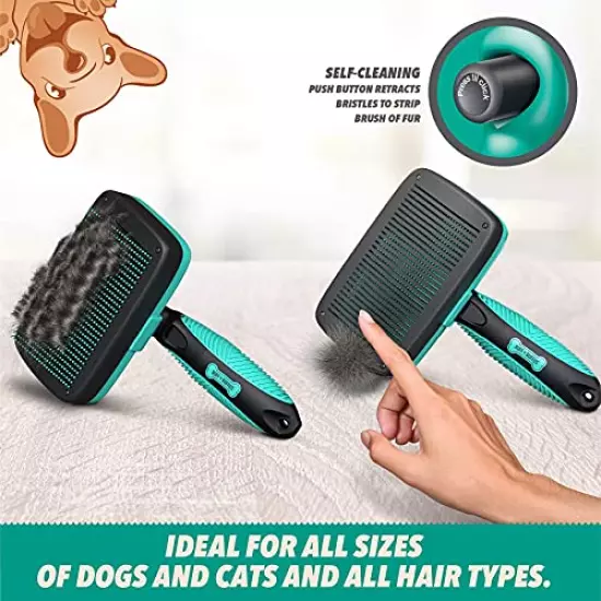 Ruff 'N Ruffus Self-Cleaning Slicker Brush | Upgraded PAIN-FREE Bristles Gently Removes Loose Undercoat, Mats & Tangled Hair | For Cats & Dogs With All Hair Types + FREE Pet Nail Clippers