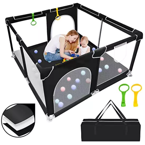 Baby Playpen, Baby Playard, Playpen for Babies with Gate Indoor & Outdoor Kids Activity Center, Newly Upgraded playpen with Thickened Bottom, Play Yard with Soft Breathable Mesh(Black)