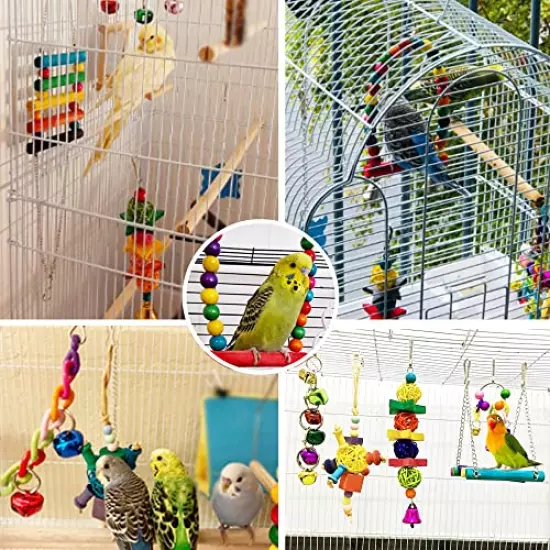 ESRISE 8 Pcs Parakeet Cockatiel Bird Toys, Hanging Bell Pet Bird Cage Hammock Swing Toy Wooden Perch Chewing Toy for Budgerigar, Conures, Love Birds, Finches, Mynah