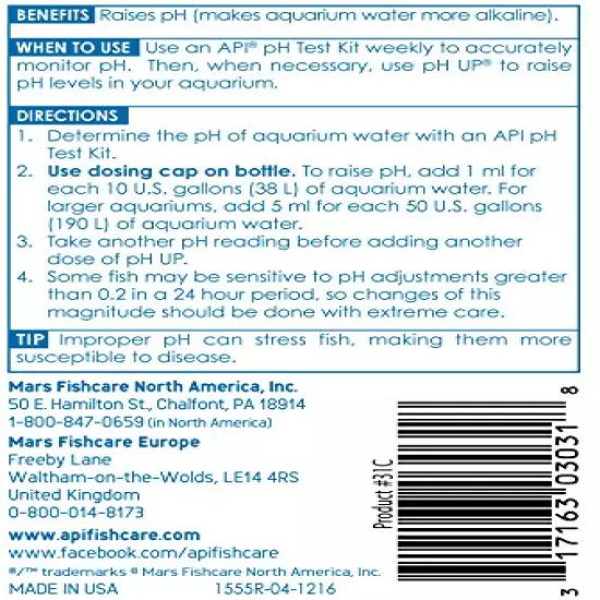 API pH UP pH adjuster, Raises freshwater aquarium water pH to the level your fish need to thrive, Test water weekly and use to correct pH level