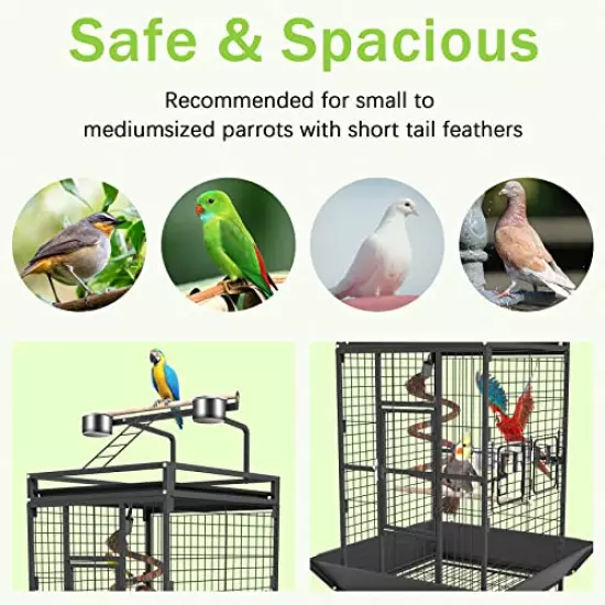 Bird Cage, Large Bird Cages Aviary with Stand on Caster Wheels, Wrought Iron Birdcage with Play Top, Used as Parakeet Cage, Parrot or Flight for Pigeons, Cockatiels