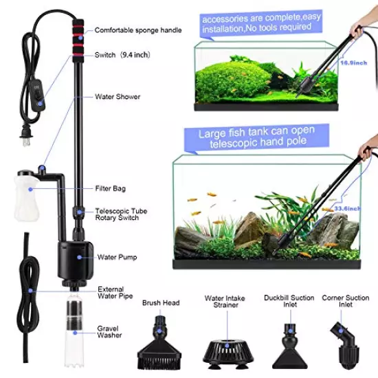 AQQA Aquarium Gravel Cleaner Siphon Kit,6 in 1 Electric Automatic Removable Vacuum Water Changer，Multifunction Wash Sand Suck The Stool Filter 110V/20W 320GPH