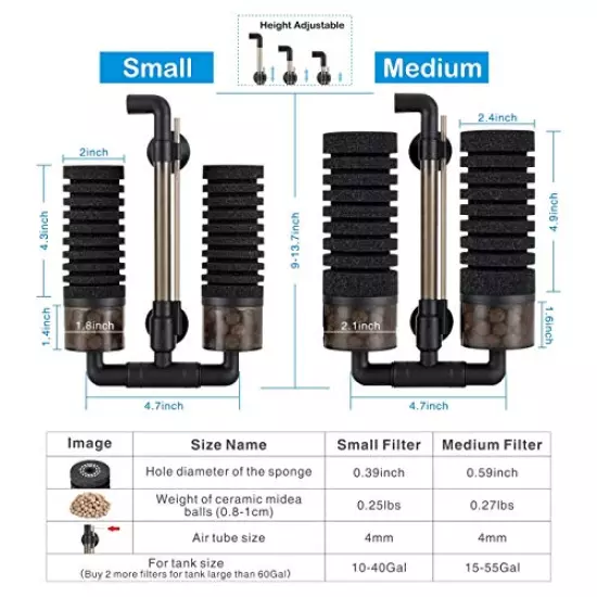 hygger Aquarium Double Sponge Filter, Comes with 2 Spare Sponges, 1 Bag of Bio Ceramic Media Balls, Quiet Submersible Foam Filter for Fresh Water and Salt-Water Fish Tank