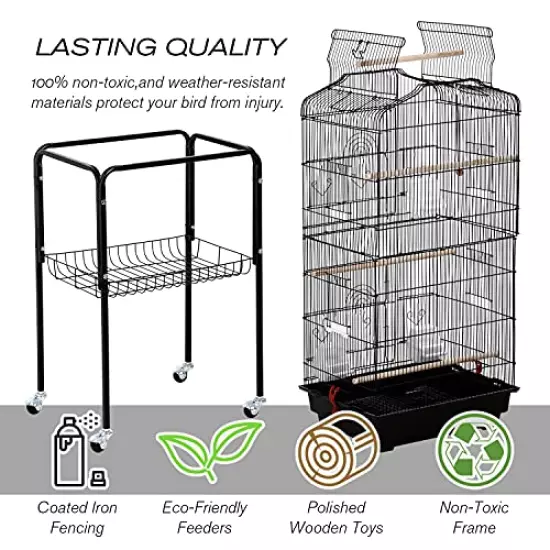 Bird Cage Parakeet Cage 64 inch Open Top Standing Parrot Cage Accessories with Rolling Stand for Medium Small Cockatiel Canary Parakeet Conure Finches Budgie Lovebirds Pet Storage Shelf