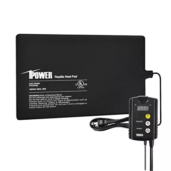 iPower Reptile Heat Mat 4W/8W/16W/24W Under Tank Heater Terrarium Heating Pad and Digital Hygrometer with Humidity Probe or Digital Thermostat Controller for Amphibians and Reptiles Pet, Multi Sizes