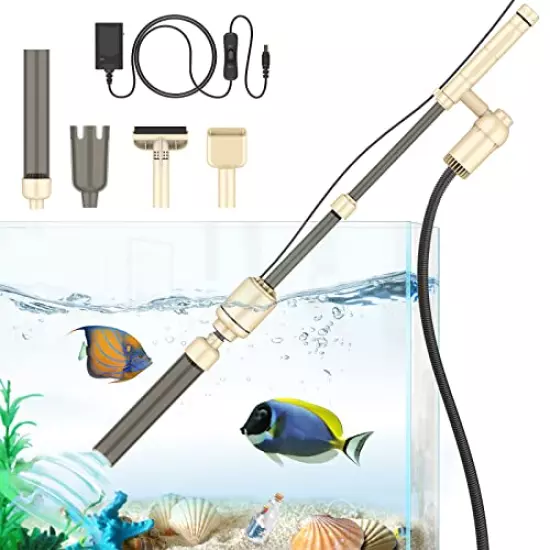 bedee Aquarium Vacuum Gravel Cleaner Electric Fish Tank Cleaner 6 in 1 Automatic Water Changer Filter for Washing Sand Removable Siphon Vacuum Gravel Cleaner 18W IP68 Waterproof Safer Beige Style