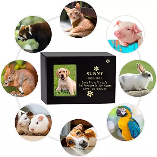 Custom Pet Urns, Personalized pet urns for Dogs Ashes, Personalized Cat Dog Memorial with Picture Wood Casket Cat Urns for Ashes Memory Box for Keepsakes Cremation Pets Box for Animal Ashes (Black)