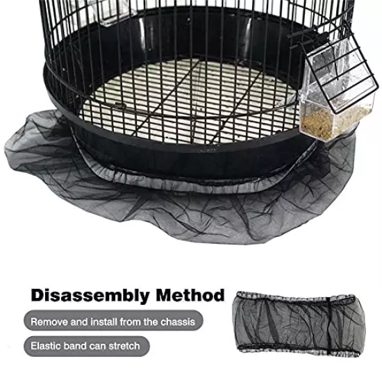 Universal Bird Cage Seed Catcher,Seed Catcher Guard Net Cover,Parrot Nylon Mesh Net Cover,Soft Airy Cage Net Stretchy Skirt for Round Square Cages(Circumference 50 inch to 90 inch，Black)…