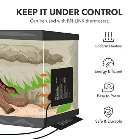 BN-LINK Reptile Heating Pad Electric Indoor Under Tank Terrarium Heating Mat Waterproof For Turtles, Lizards, Frogs, And Other Reptiles