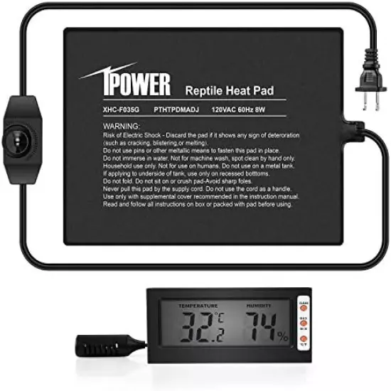 IPower Reptile Heat Mat Under Tank Warmer 4W/8W/16W/24W Terrarium Heater Heating Pad With Temperature Adjustable Controller Knob, Digital Thermometer And Hygrometer For Amphibian, Multi Sizes