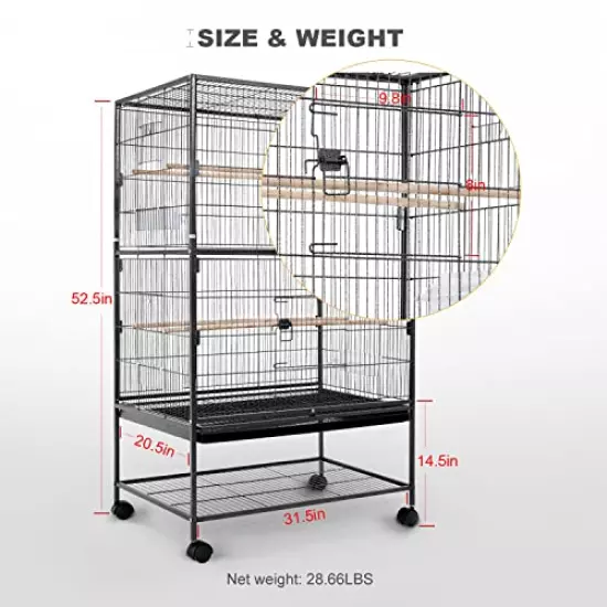 Bird Cage Large Bird Cage 53 Inch Wrought Iron Birdcages Flight King Bird Cage for Parakeets Cockatiels Parrot Green Cheek Conures Pigeons Lovebird with Rolling Stand,Removable Tray