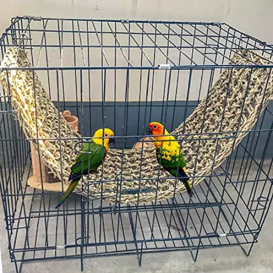 Bird Seagrass Mat,Natural Grass Woven Net Hammock Hanging on Parrot Cage with 4 Hooks,Parakeet Climbing Rope Ladder Chew Toys for Lovebird Cockatiel Conure Budgie,Cockatoo Supplies 28.3" x 6.7"