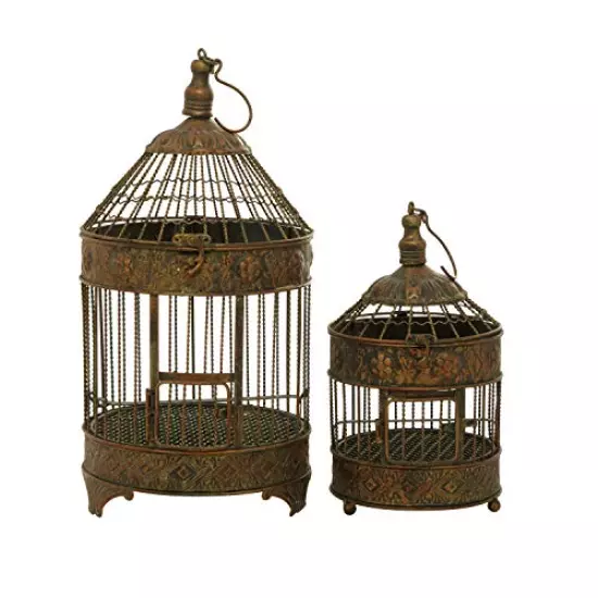 Deco 79 Metal Round Birdcage with Latch Lock Closure and Top Hook, Set of 2 24", 16"H, Bronze