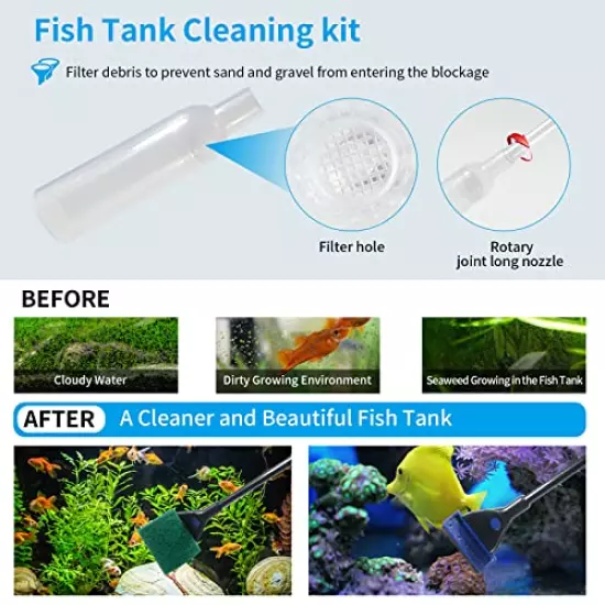 Fish Tank Cleaning Tools, Aquarium Cleaning Kit, Betta Fish Tank Accessories, Aquarium Gravel Cleaner, Algae Scrapers 5 in 1 Kit for Water Change and Sand Cleaner, Long Siphon Nozzle with Valve