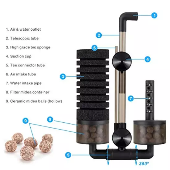 hygger Aquarium Double Sponge Filter, Comes with 2 Spare Sponges, 1 Bag of Bio Ceramic Media Balls, Quiet Submersible Foam Filter for Fresh Water and Salt-Water Fish Tank