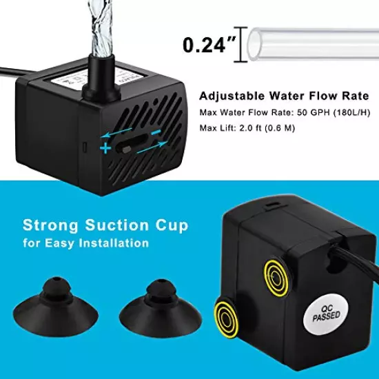 PULACO 50GPH 3W Mini Submersible Water Pump for Aquariums, Fish Tank, Pond, Fountain, Hydroponics