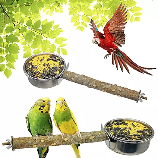 TTEIOPI 2 Pack Bird Feeding Dish Cups,Hanging Stainless Steel Parrot Cage Feeder & Water Bowl with Natural Wood Perch Platform for Parakeet Cockatiels Lovebirds Budgie.