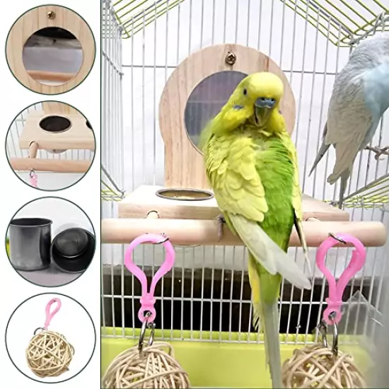 Tfwadmx Bird Food Water Bowl with Mirror Toys Set, Hanging Cage Feeders for Parakeets, Parrot SS Feeding&Watering Dish Cups with Wooden Platform Stand Perch for Cockatiel Budgie Finch Conure Supplies