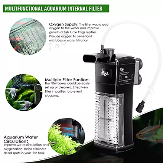 AQQA Aquarium Internal Filter, Submersible Power Filter in-Tank with Adjustable Water Flow, Ultra Silent Biochemical Sponge Filtration for Fish Tank Water Clean