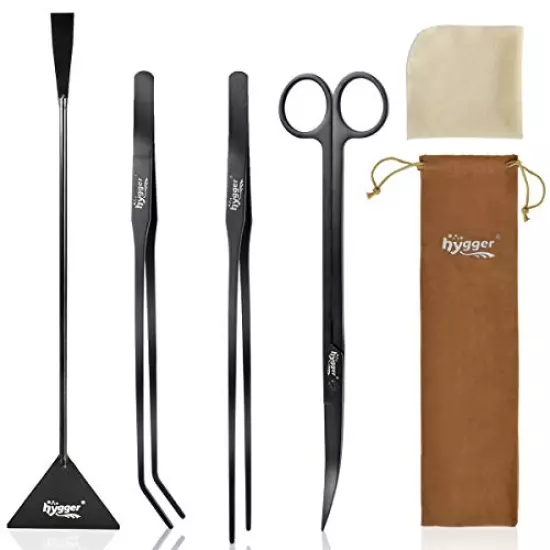 hygger Long Aquarium Aquascaping Tools Kit, Black Color Stainless Steel Premium Aquatic Plant Tweezers Scissors Spatula Kit Comes with 1 Cleaning Cloth (1 Tool Holder), for Fish Tank Starters