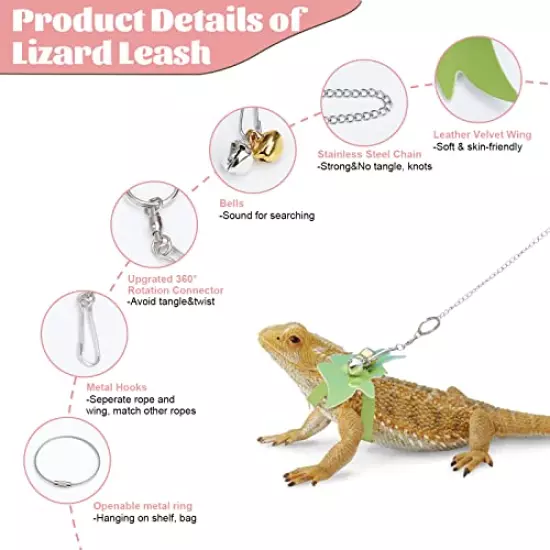 Jetczo Adjustable Lizard Leash,Turtle Lizard Pet Traction Belt Reptile Harness Bearded Dragon Accessories Walking Lead Control Rope (Pink Reptile Carrier)