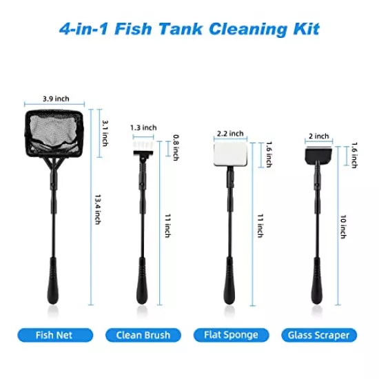 hygger Small Fish Tank Cleaner, Aquarium Cleaning Tools Kit with Handle, Scraper, Fishing Net, Sponge Brush,Wall Brush