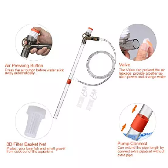 Aquarium Gravel Cleaner Fish Tank Kit Long Nozzle Water Changer for Water Changing and Filter Gravel Cleaning with Air-Pressing Button and Adjustable Water Flow Controller- BPA Free