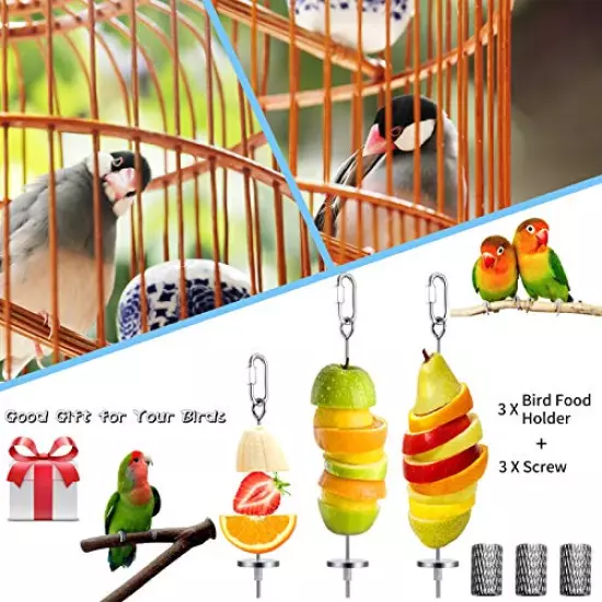 Bird Food Holder, Bird Feeder Toy, Stainless Steel Small Animal Fruit Vegetable Stick Skewer, Foraging Hanging Food Feeding Treating Tool for Parrots Cockatoo Cockatiel Cage