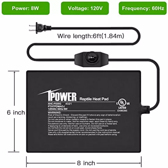 IPower Reptile Heat Mat Under Tank Warmer 4W/8W/16W/24W Terrarium Heater Heating Pad With Temperature Adjustable Controller Knob, Digital Thermometer And Hygrometer For Amphibian, Multi Sizes