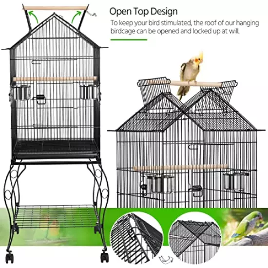 Yaheetech 57-Inch Rolling Open Top Roof Bird Cage for Mid-Sized Parrots Cockatiels Caique Quaker Monk Indian Ring Neck Green Cheek Conure Middle Bird Cage with Detachable Stand