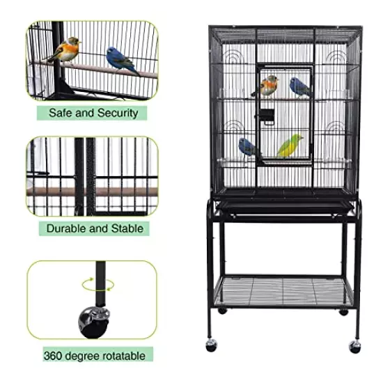 Large Bird Cage 53-inch Wrought Iron Large Bird Flight Cage with Rolling Stand & Bottom Tray for Lovebirds Finches African Grey Parrot Cockatiel Parrotlet Conures, Black Grey