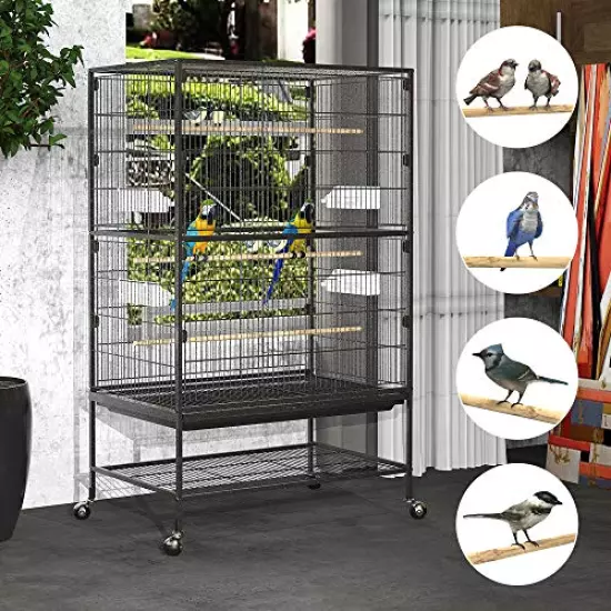 YINTATECH 52-inch Wrought Iron Flight Bird Parakeet Parrot Cage for Large Cockatiel, Canary, Finch, Lovebird, Parrotlet, Conure, Pigeons, African Grey Quaker, Birdcage with Rolling Stand