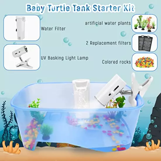 Rypet Baby Turtle Tank Starter Kit - Reptile Terrariums Tortoise Habitat With UV Basking Light Lamp, Water Filter, Rocks, Small Plants, Aquarium Tank For Turtle Frog Hermit Crab Tank Accessories