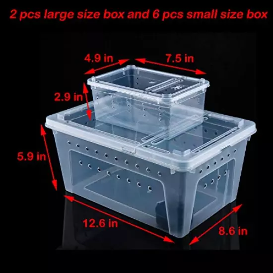 8 Pcs Reptile Feeding Box Snake Plastic Transparent Breeding Box for Bearded Gecko Dragon Lizard Spider Frog Scorpion (2 Pcs Large Size, 6 Pcs Small Size)