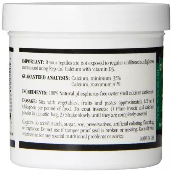 Rep-Cal 52298 Phosphorous-Free Calcium Powder Reptile/Amphibian Supplement Without Vitamin D3, 4.1 Oz