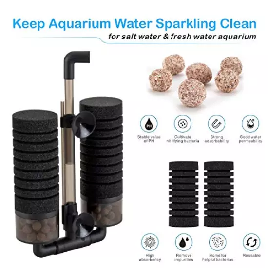 hygger Aquarium Double Sponge Filter, Comes with 2 Spare Sponges, 1 Bag of Bio Ceramic Media Balls, Quiet Submersible Foam Filter for Fresh Water and Salt-Water Fish Tank