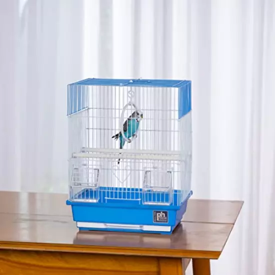 Prevue Pet Products Flat Top Economy Parakeet and Small Bird Cage with White Wire, Blue Plastic Base with Removable Tray