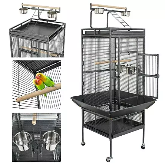 SUPER DEAL PRO 61-inch 2in1 Large Bird Cage with Rolling Stand Parrot Chinchilla Finch Cage Macaw Conure Cockatiel Cockatoo Pet House Wrought Iron Birdcage, Black