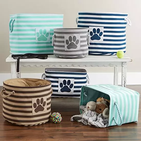 Bone Dry Pet Storage Collection Striped Paw Patch Bin, Small Round, Brown