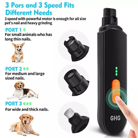 GHG Dog Nail Grinder Upgraded - Professional LED Lighting 3-Speed Rechargeable Pet Nail Trimmer With Clippers, Quiet Low Noise, Paws Grooming And Smoothing For Small Medium Large Dogs And Cats White