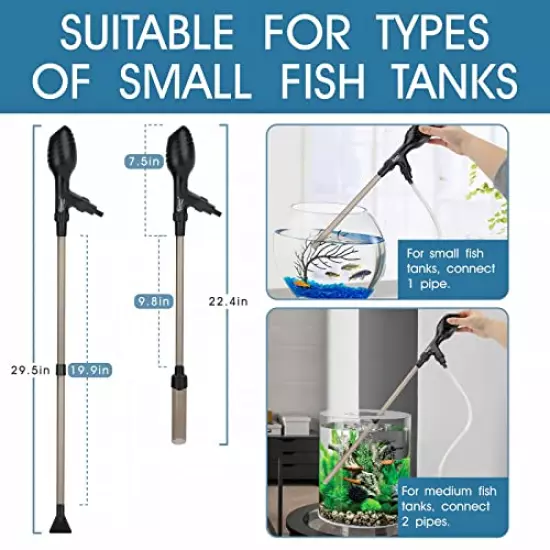 hygger Manual 80GPH/256GPH Gravel Vacuum for Aquarium, Run in Seconds Aquarium Gravel Cleaner Low Water Level Water Changer Fish Tank Cleaner with Pinch or Grip Suction Ball Adjustable Length(S/L)