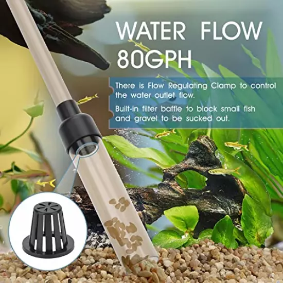 hygger Manual 80GPH/256GPH Gravel Vacuum for Aquarium, Run in Seconds Aquarium Gravel Cleaner Low Water Level Water Changer Fish Tank Cleaner with Pinch or Grip Suction Ball Adjustable Length(S/L)