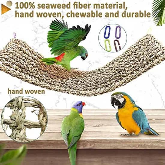 Bird Seagrass Mat,Natural Grass Woven Net Hammock Hanging on Parrot Cage with 4 Hooks,Parakeet Climbing Rope Ladder Chew Toys for Lovebird Cockatiel Conure Budgie,Cockatoo Supplies 28.3" x 6.7"