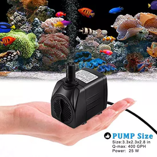 PULACO 400GPH Submersible Water Pump with 5 ft Tubing, 25W durable fountain water pump for Pond Fountain, Aquariums Fish Tank, Statuary, Hydroponics