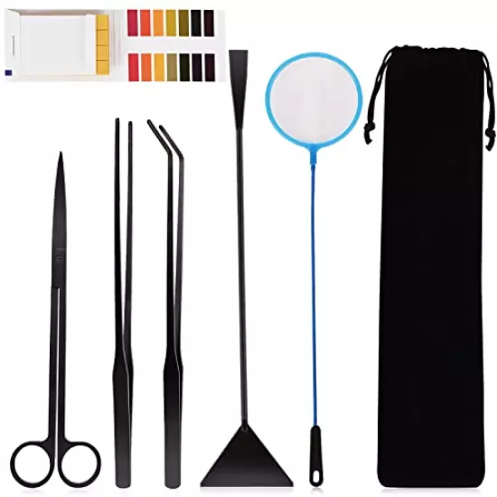 6 in 1 Aquarium Aquascape Tools Kit, Long Stainless Steel Aquatic Plant Tweezers Scissors Scrapers Set for Fish Tank Aquariums Tank Clean, Aquascaping Tools with PH Paper Fish Net Bag