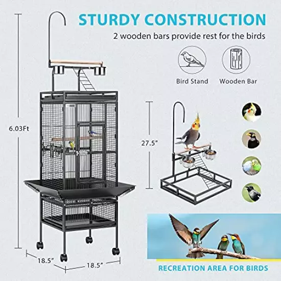 VIVOHOME 72 Inch Wrought Iron Large Bird Cage with Play Top and Rolling Stand for Parrots Conures Lovebird Cockatiel Parakeets