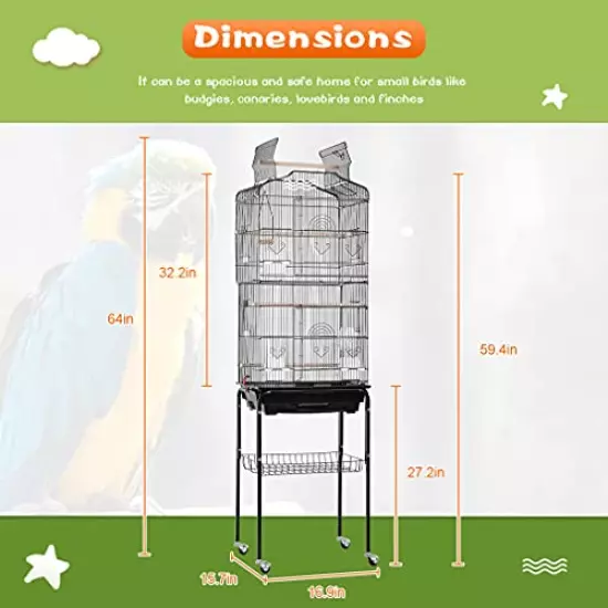 BestPet 64 inch Wrought Iron Bird Cage for Parakeets Medium Small Parrots Parakeet Cage with Detachable Rolling Stand & Play Open Top for Cockatiels Lovebird Finches Canaries